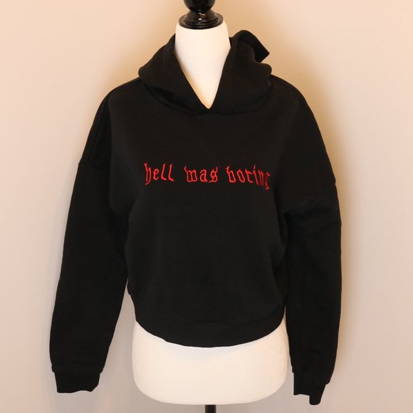 Embroidered "hell was boring" Cropped Hooodie - Picture 4 of 9
